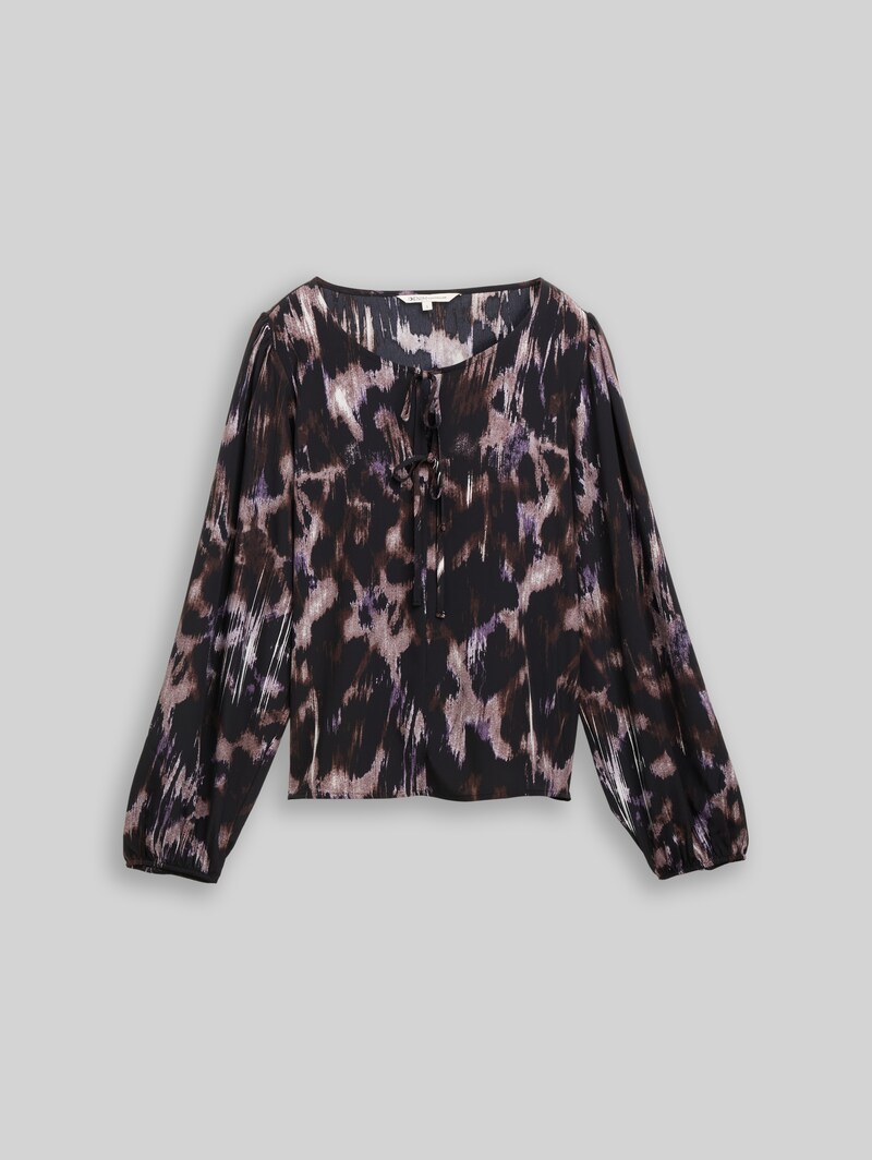 Tom Tailor Loose Fit Bluse mit Schleifen-Details - Black Brown Abstract Print