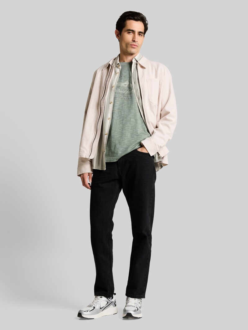 Tom Tailor T-Shirt in Melange-Optik mit Print - Greyish Shadow Olive