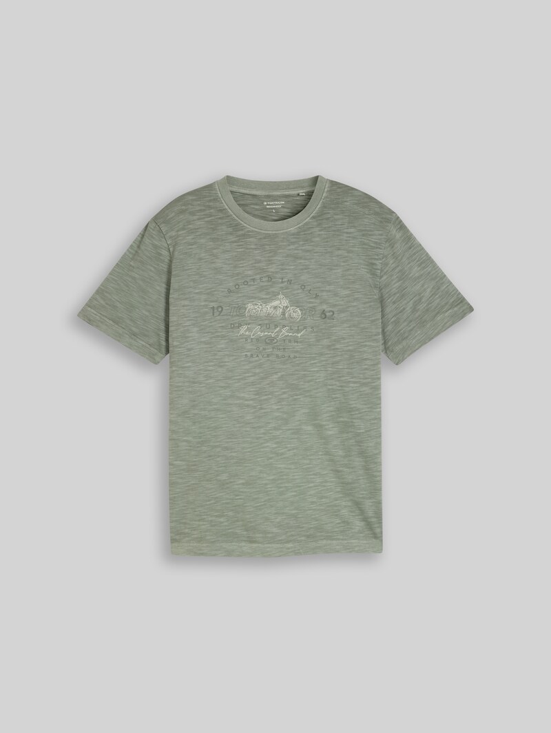 Tom Tailor T-Shirt in Melange-Optik mit Print - Greyish Shadow Olive