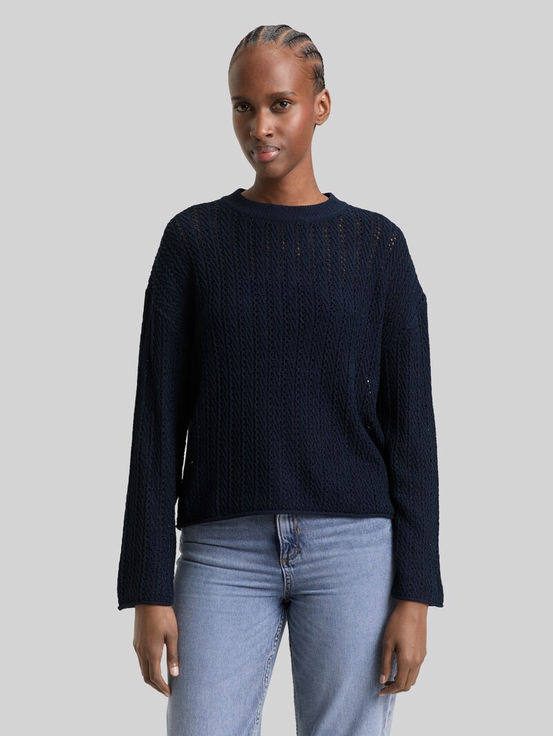 Tom Tailor Relaxed Fit Strickpullover mit Lochmuster - Sky Captain Blue Tom Tailor Relaxed Fit Strickpullover mit Lochmuster - Sky Captain Blue