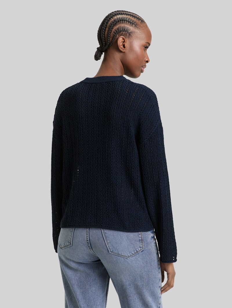 Tom Tailor Relaxed Fit Strickpullover mit Lochmuster - Sky Captain Blue