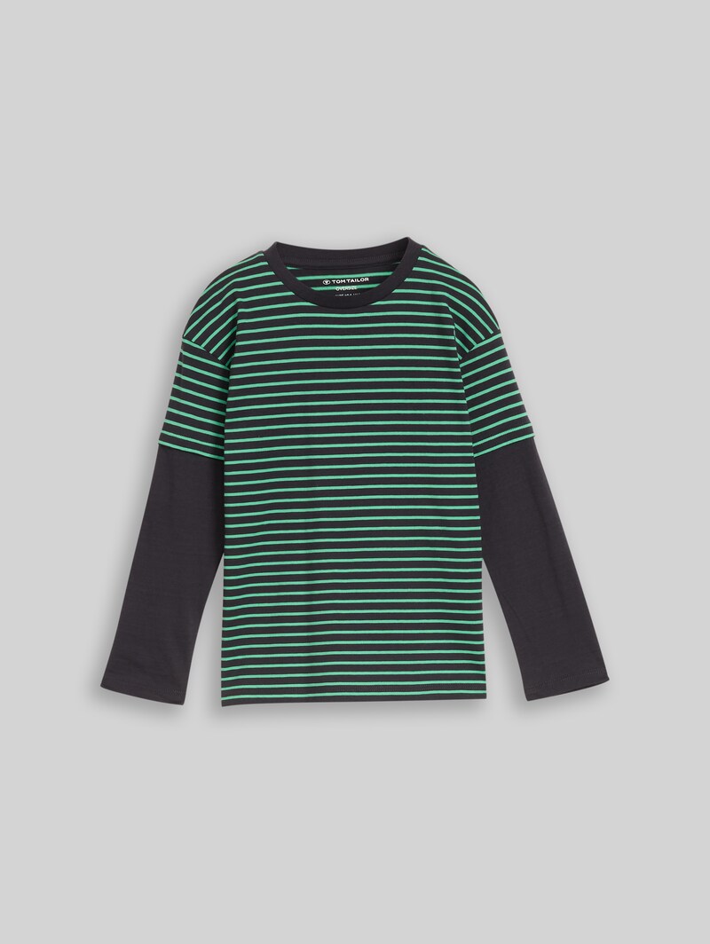 Tom Tailor Oversize Langarmshirt im 2-in-1-Look - Green Grey Small Stripe
