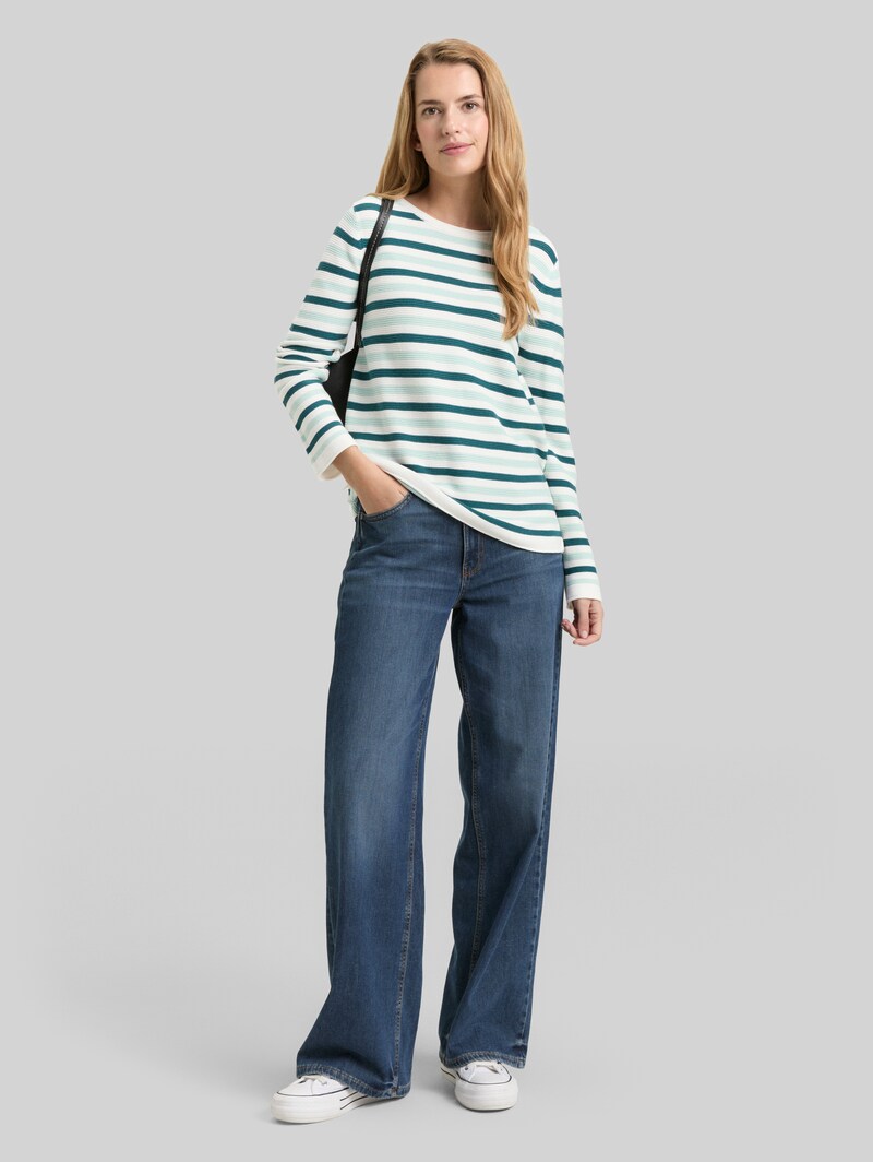 Tom Tailor Strickpullover aus Baumwolle - Mint Green Beige Stripe