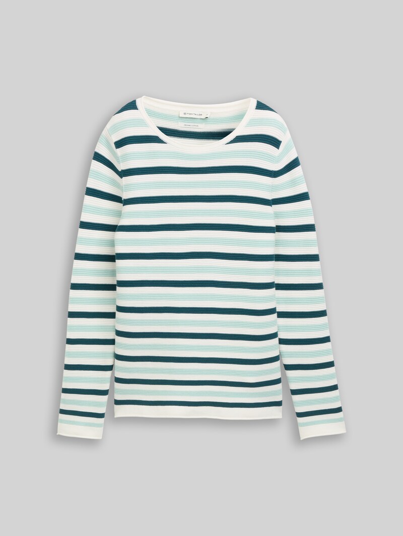 Tom Tailor Strickpullover aus Baumwolle - Mint Green Beige Stripe