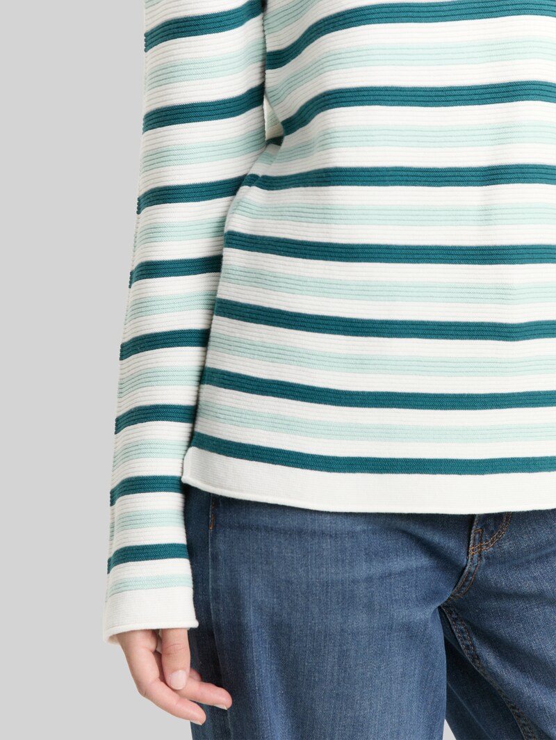 Tom Tailor Strickpullover aus Baumwolle - Mint Green Beige Stripe