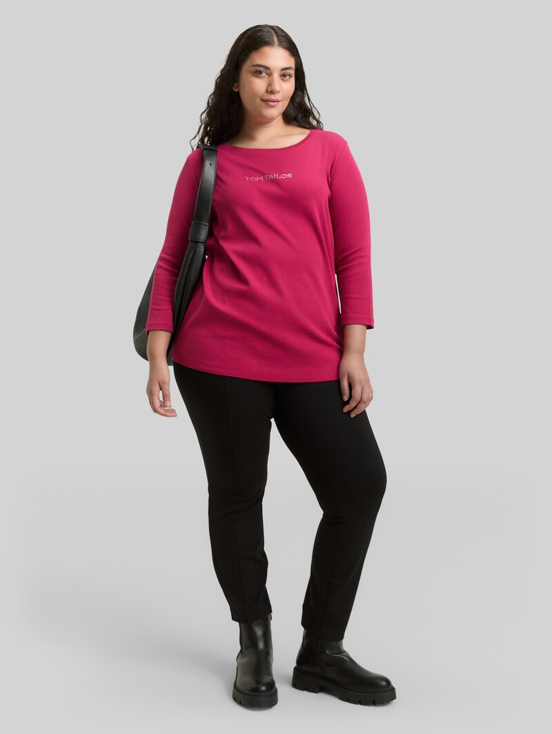 Tom Tailor Plus Size - Slim Fit Langarmshirt mit Glitzer-Logo - Dark Pink