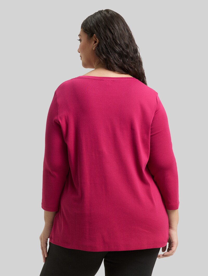 Tom Tailor Plus Size - Slim Fit Langarmshirt mit Glitzer-Logo - Dark Pink