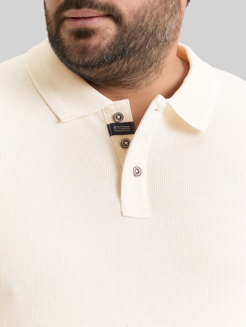 Tom Tailor Plus Size - Langarm Poloshirt mit Waffelstruktur - Gardenia White
