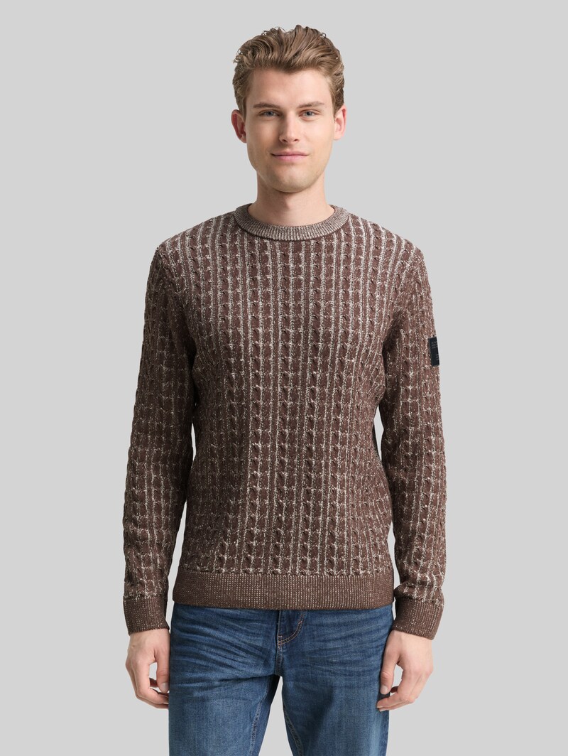 Tom Tailor Strickpullover mit Zopfmuster - Brown Offwhite Plated