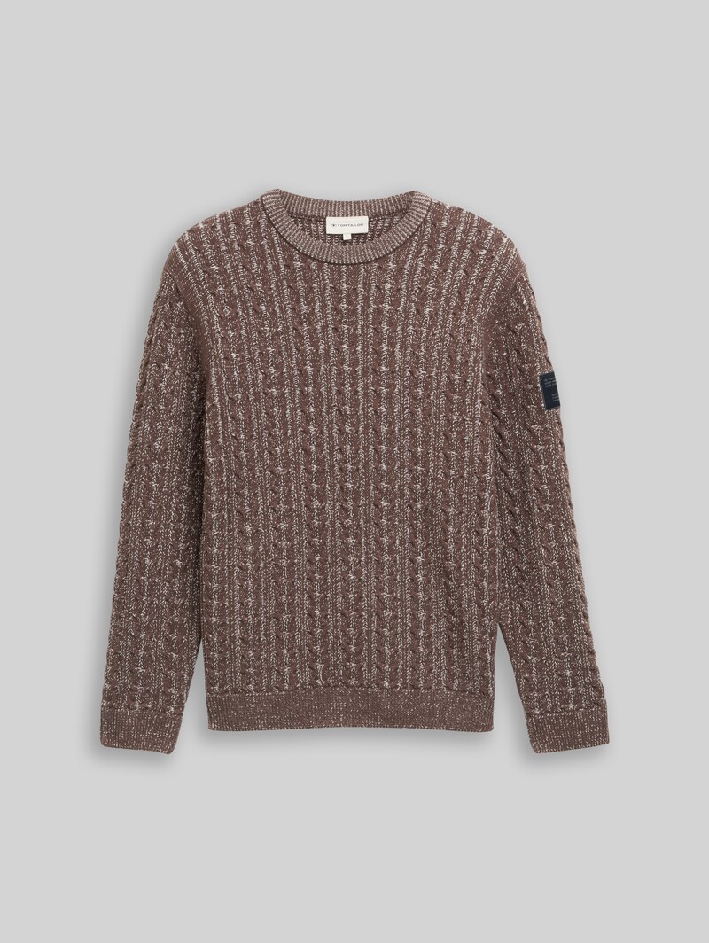 Tom Tailor Strickpullover mit Zopfmuster - Brown Offwhite Plated