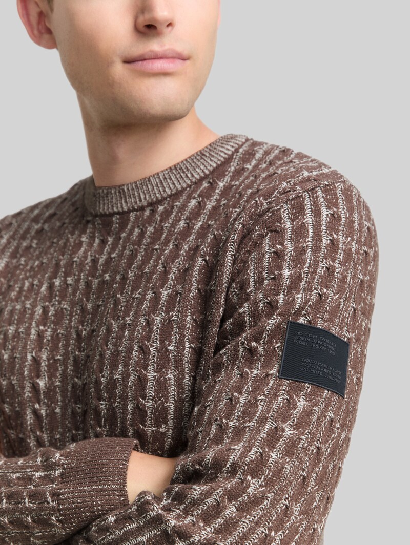 Tom Tailor Strickpullover mit Zopfmuster - Brown Offwhite Plated