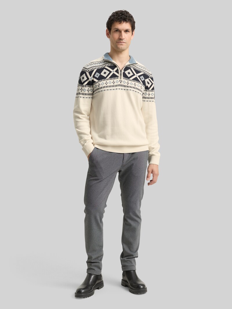 Tom Tailor Fair-Isle Troyer Strickpullover - Offwhite Fair Isle Design