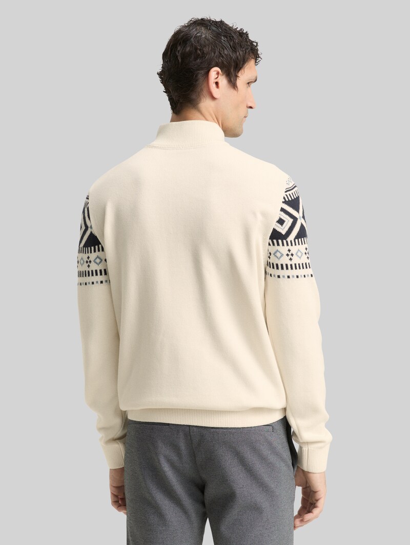 Tom Tailor Fair-Isle Troyer Strickpullover - Offwhite Fair Isle Design