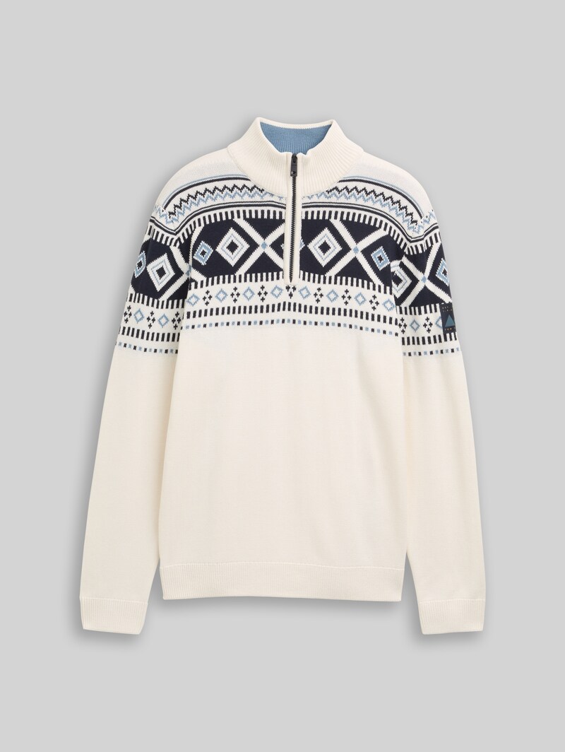 Tom Tailor Fair-Isle Troyer Strickpullover - Offwhite Fair Isle Design