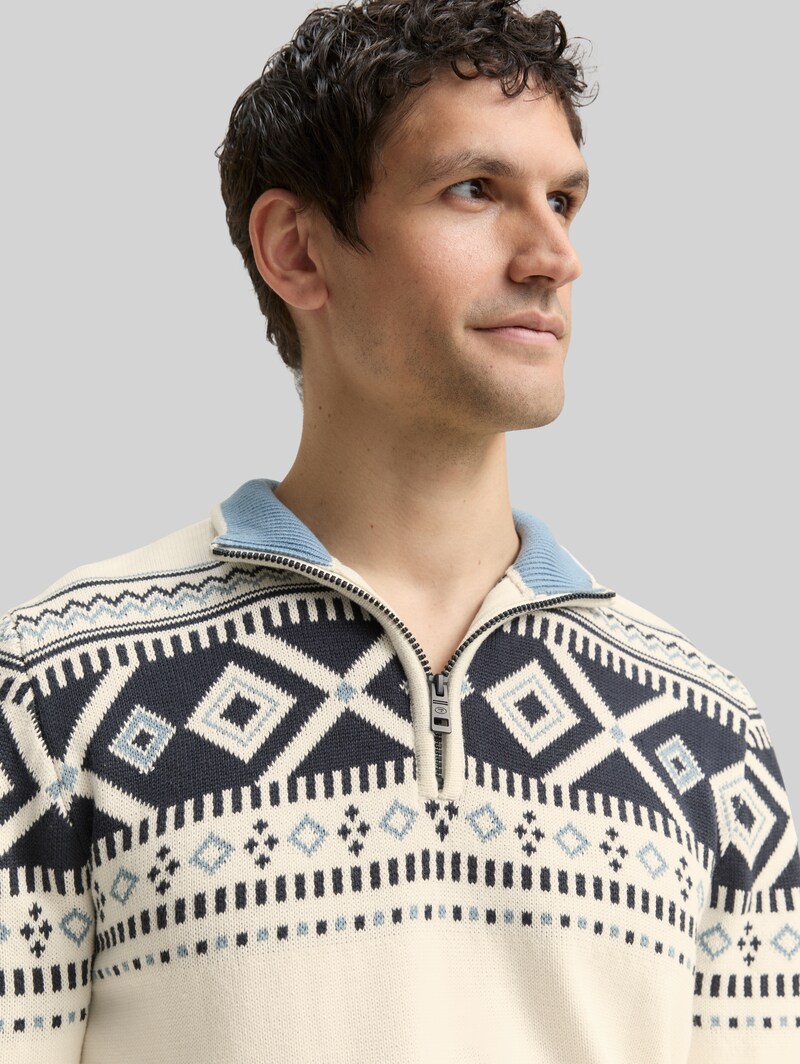 Tom Tailor Fair-Isle Troyer Strickpullover - Offwhite Fair Isle Design