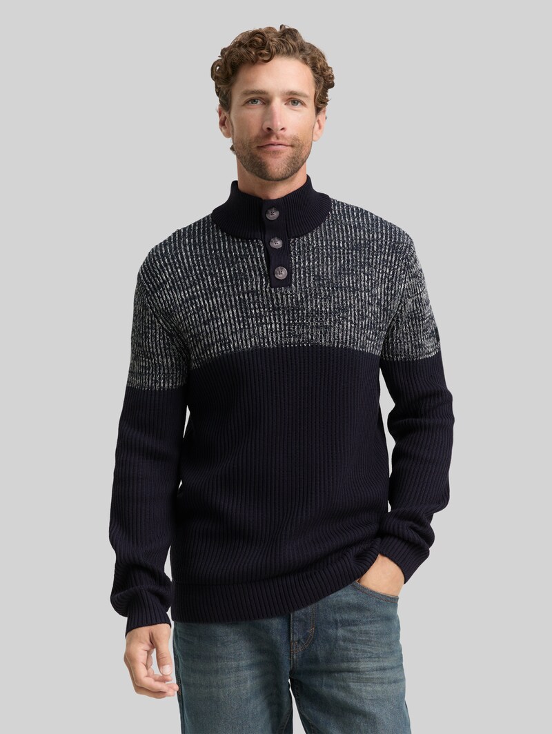 Tom Tailor Troyer Strickpullover mit Knopfleiste - Offwhite Navy Plated Mouline Tom Tailor Troyer Strickpullover mit Knopfleiste - Offwhite Navy Plated Mouline