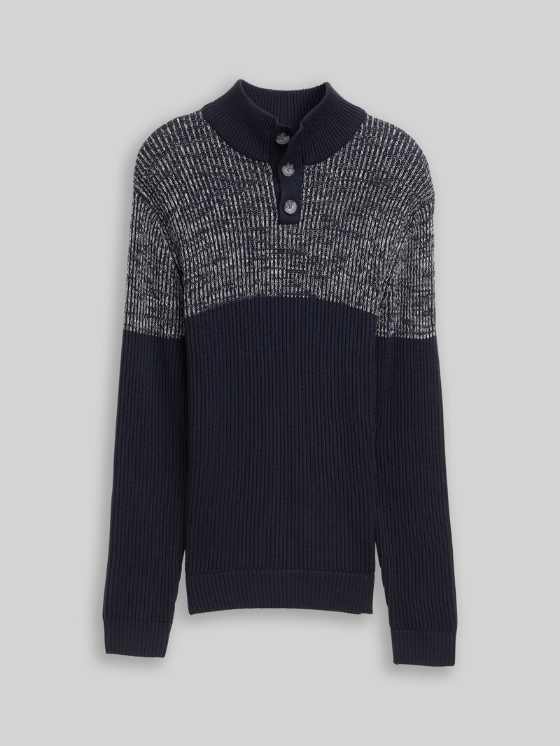 Tom Tailor Troyer Strickpullover mit Knopfleiste - Offwhite Navy Plated Mouline