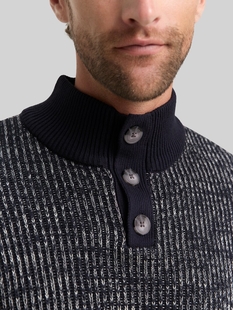 Tom Tailor Troyer Strickpullover mit Knopfleiste - Offwhite Navy Plated Mouline