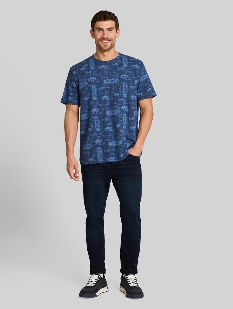 Tom Tailor T-Shirt mit Allover-Print - Mid Blue Nautical Design
