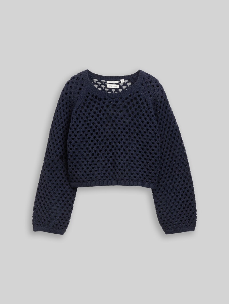 Tom Tailor Cropped Strickpullover mit Lochmuster - Parisien Night Blue
