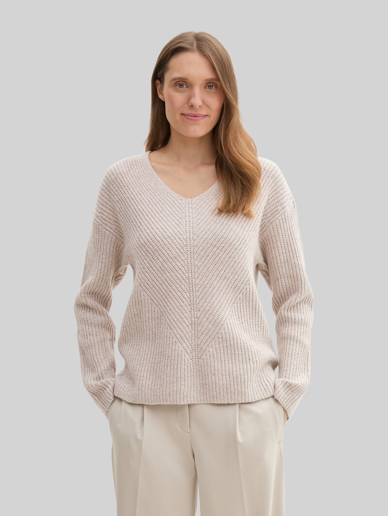Tom Tailor Strickpullover mit V-Ausschnitt - Dusty Beige Melange