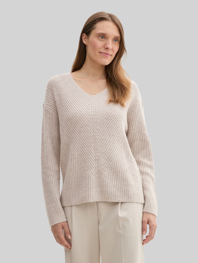 Tom Tailor Strickpullover mit V-Ausschnitt - Dusty Beige Melange