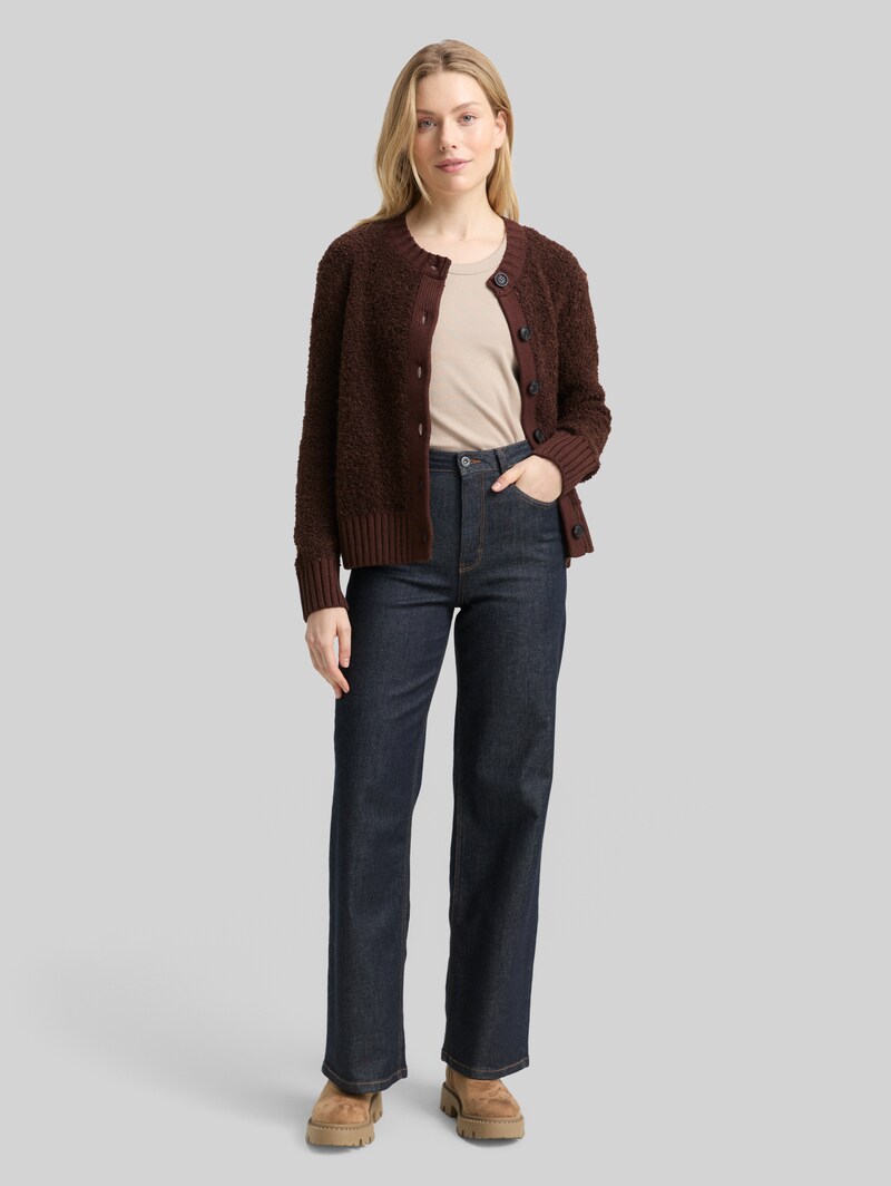 Tom Tailor Bouclé Cardigan mit Wollanteil - Dark Pecan Brown Melange