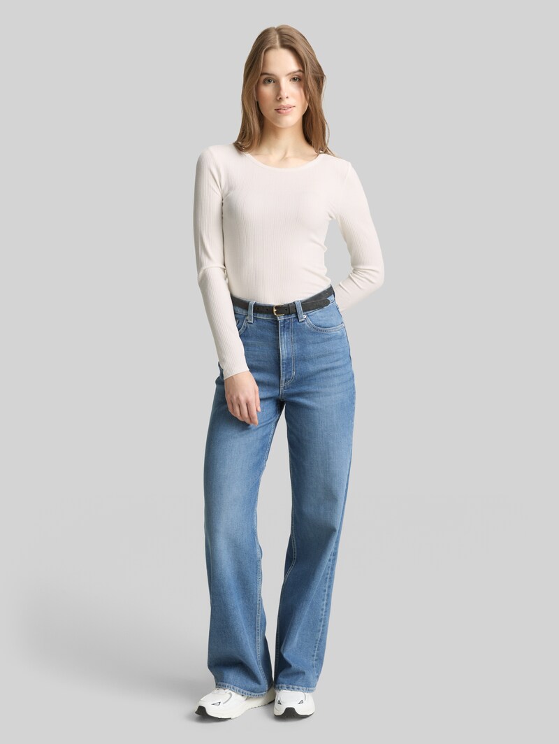 Tom Tailor Slim Fit Langarmshirt mit Rippstruktur - Off White