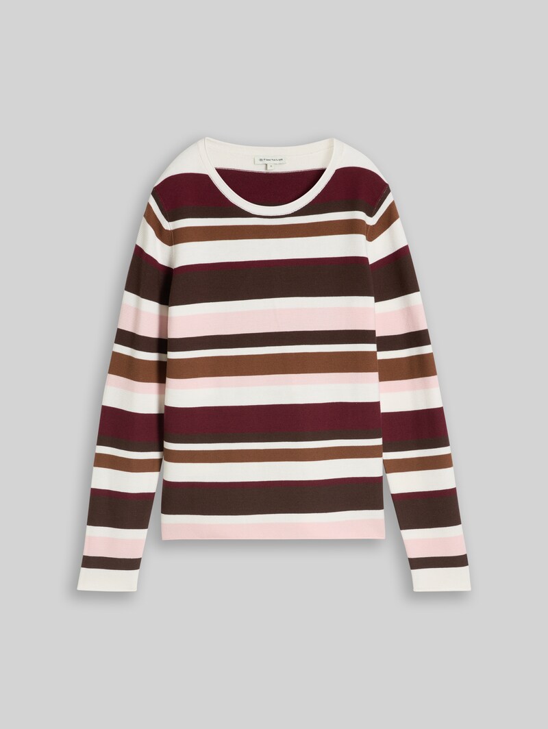 Tom Tailor Strickpullover aus Baumwolle - Camel Brown Red Stripe