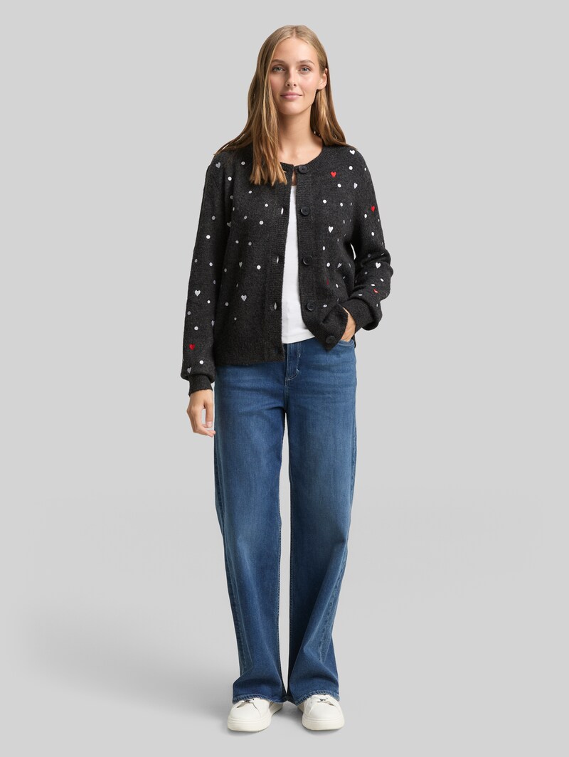 Tom Tailor Relaxed Fit Cardigan mit Stickereien - Grey White Dots And Hearts