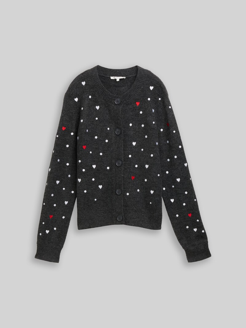 Tom Tailor Relaxed Fit Cardigan mit Stickereien - Grey White Dots And Hearts