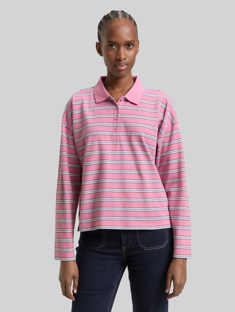 Tom Tailor Boxy Fit Langarm Poloshirt mit Streifenmuster - Pink Blue Multicolor Stripe Tom Tailor Boxy Fit Langarm Poloshirt mit Streifenmuster - Pink Blue Multicolor Stripe