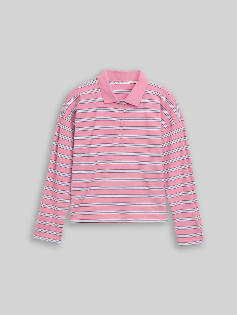 Tom Tailor Boxy Fit Langarm Poloshirt mit Streifenmuster - Pink Blue Multicolor Stripe