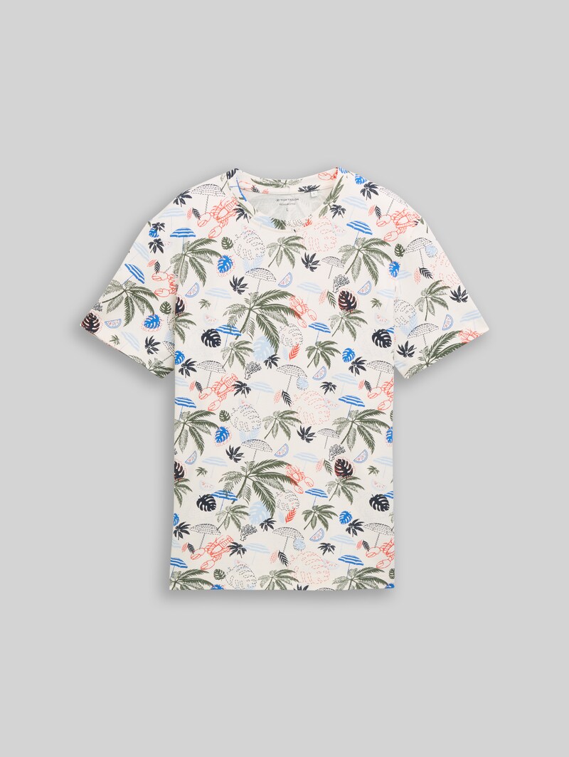 Tom Tailor Piqué T-Shirt mit Allover-Print - Off White Beach Design