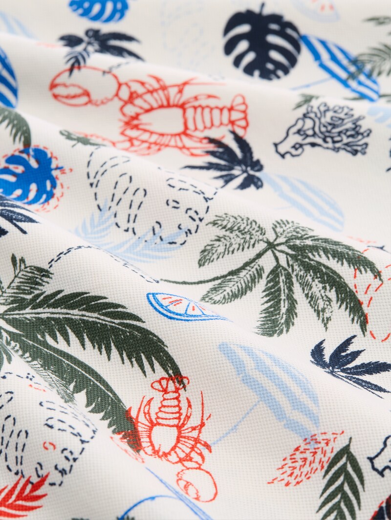 Tom Tailor Piqué T-Shirt mit Allover-Print - Off White Beach Design