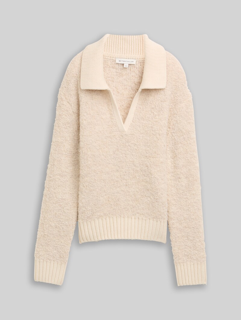 Tom Tailor Bouclé Strickpullover mit Kragen - Sand Stone Beige Melange