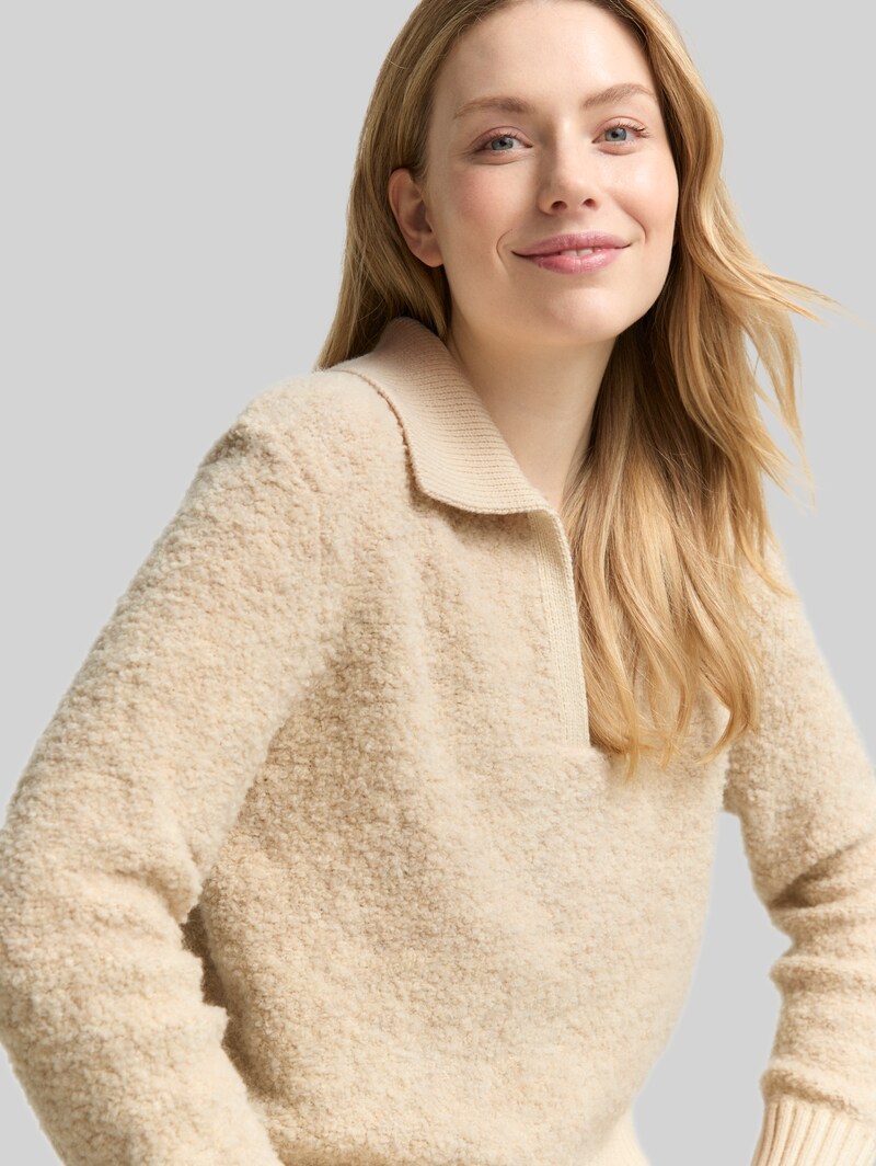 Tom Tailor Bouclé Strickpullover mit Kragen - Sand Stone Beige Melange