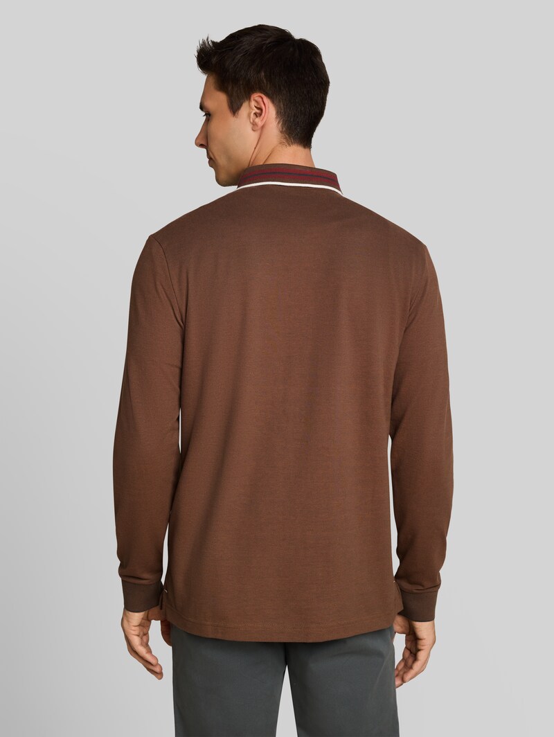 Tom Tailor Langarm Piqué Poloshirt mit Logo-Print - Brown Dark Green Two Tone