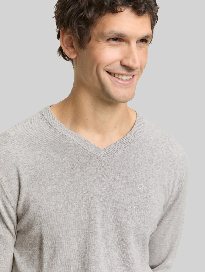 Tom Tailor Strickpullover mit V-Ausschnitt aus Baumwolle - Light Soft Grey Melange