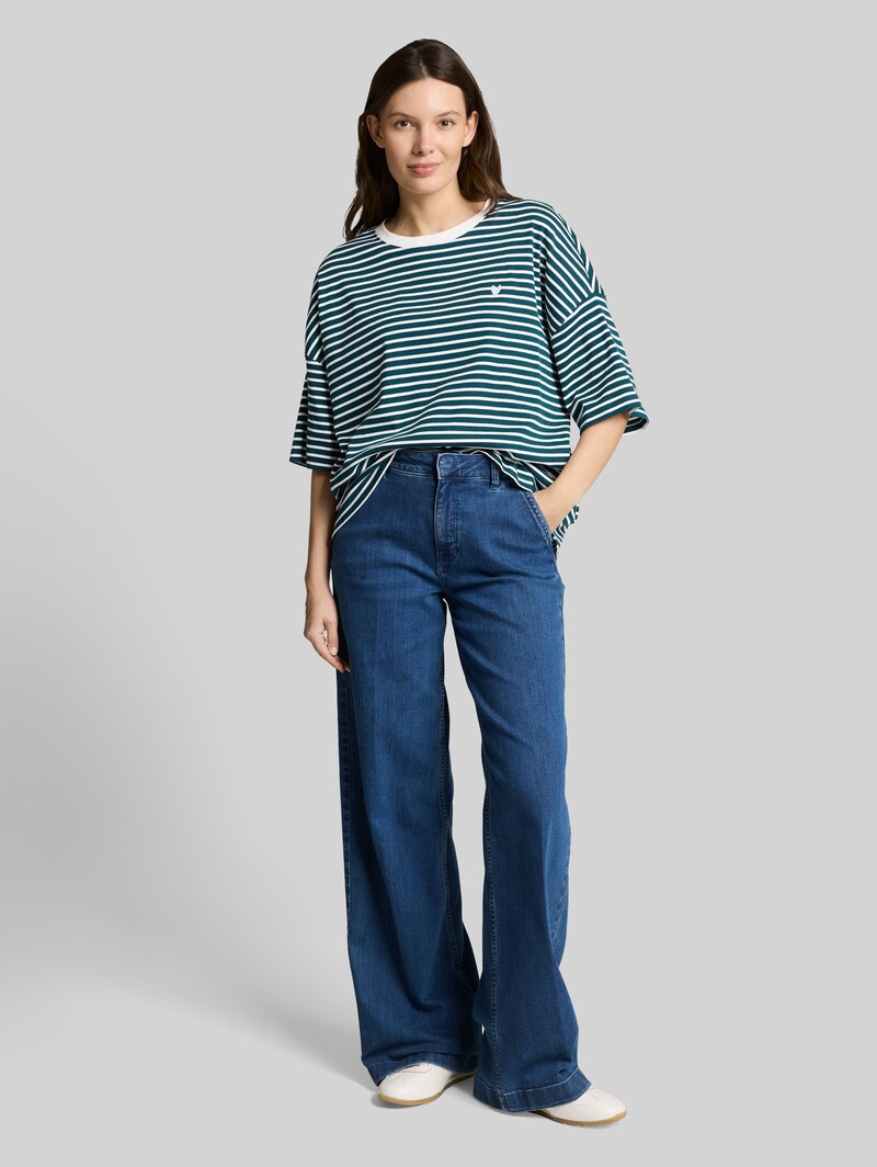 Tom Tailor Oversize T-Shirt mit Streifenmuster - Meadow Green Offwhite Stripe