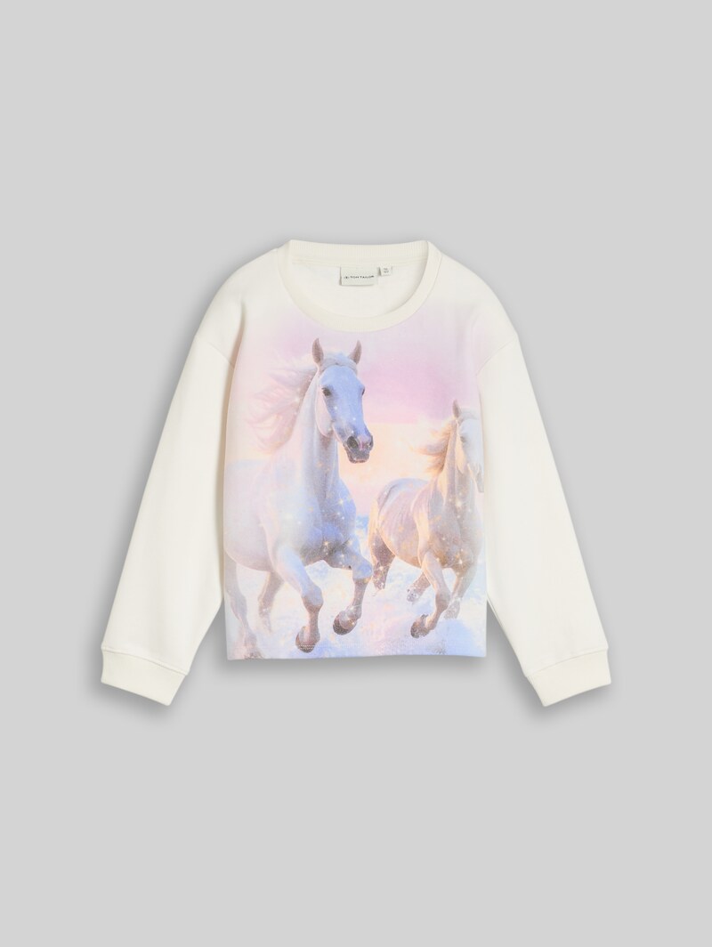 Tom Tailor Cropped Sweatshirt mit Foto-Print - Gardenia White