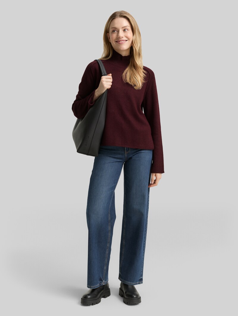 Tom Tailor Loose Fit Strickpullover mit Stehkragen - Dark Red Mélange