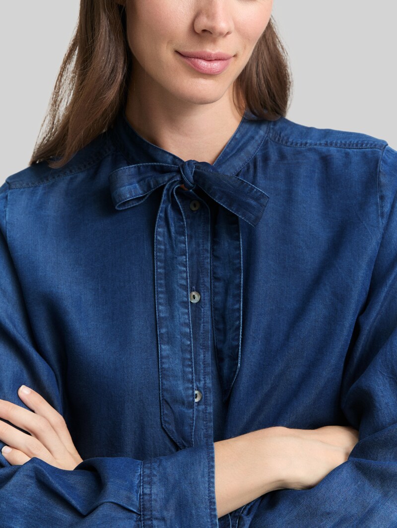 Tom Tailor Bluse mit Schleifen-Detail - Blue Denim Dark Wash
