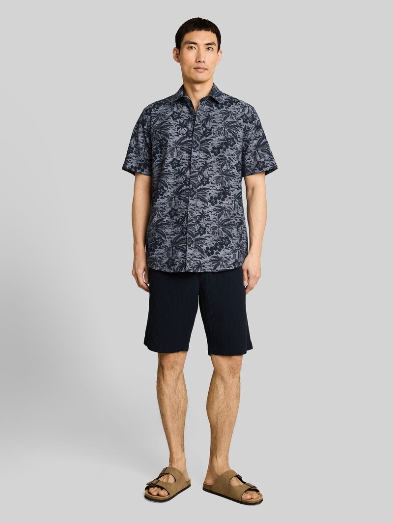 Tom Tailor Regular Fit Kurzarmhemd mit Muster - Navy Palm Hibiscus Design