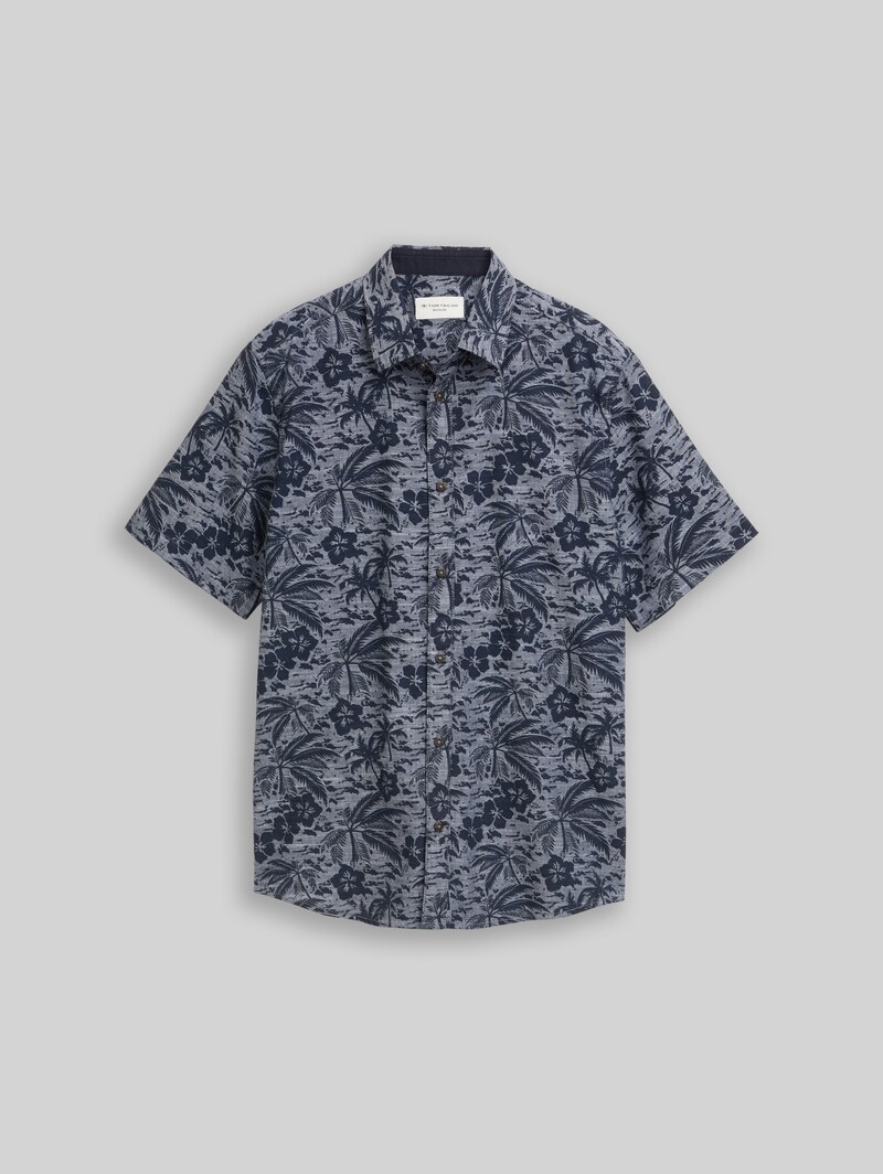 Tom Tailor Regular Fit Kurzarmhemd mit Muster - Navy Palm Hibiscus Design
