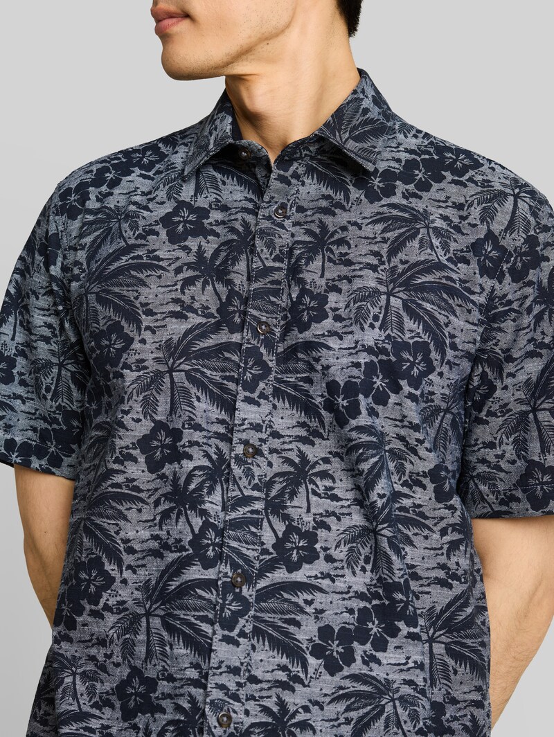 Tom Tailor Regular Fit Kurzarmhemd mit Muster - Navy Palm Hibiscus Design