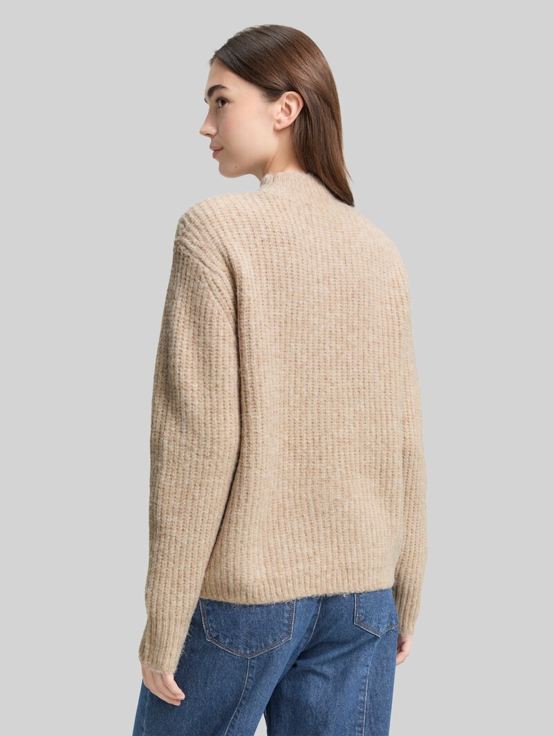 Tom Tailor Relaxed Fit Strickpullover mit Stehkragen - Cosy Beige Melange