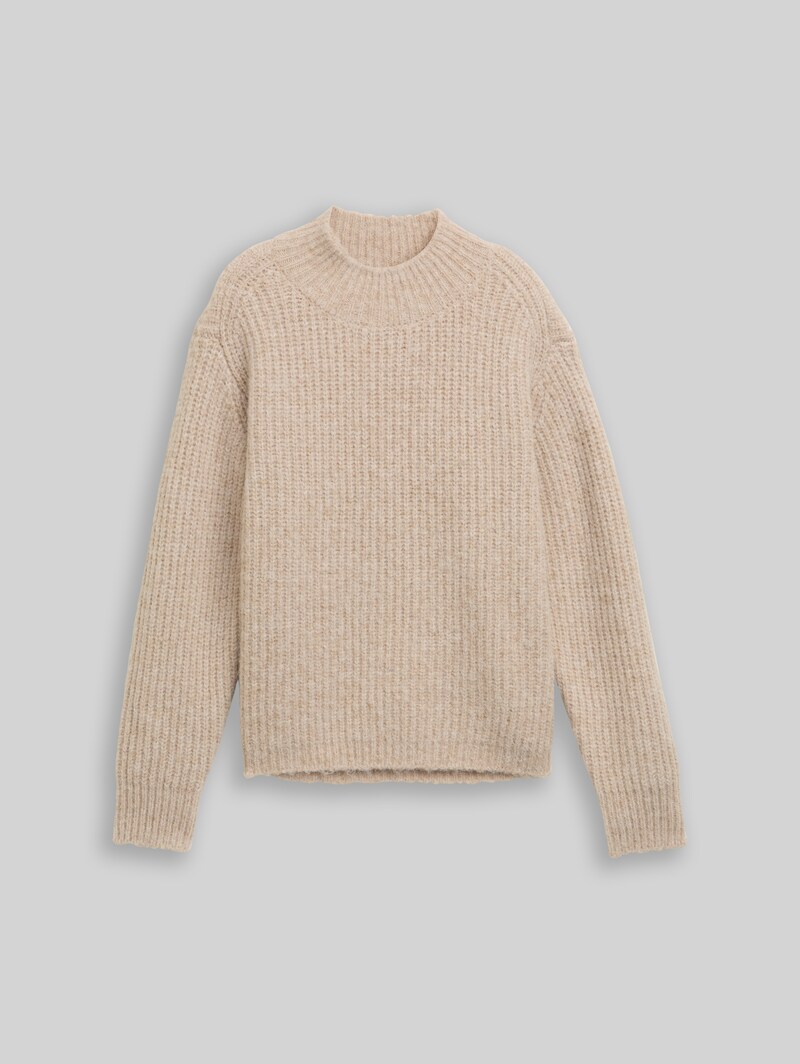 Tom Tailor Relaxed Fit Strickpullover mit Stehkragen - Cosy Beige Melange