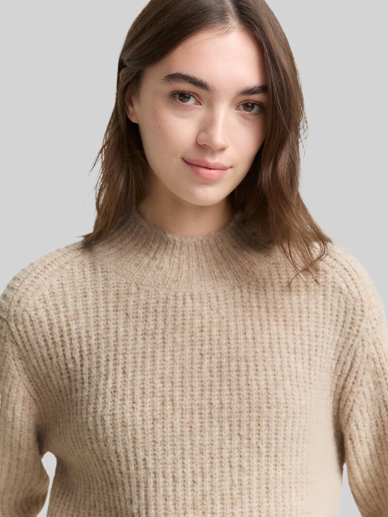 Tom Tailor Relaxed Fit Strickpullover mit Stehkragen - Cosy Beige Melange