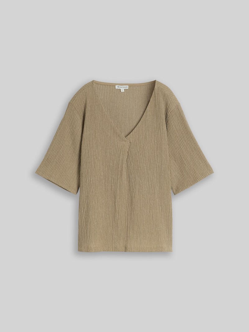 Tom Tailor Crinkle T-Shirt mit V-Ausschnitt - Olive White Structure